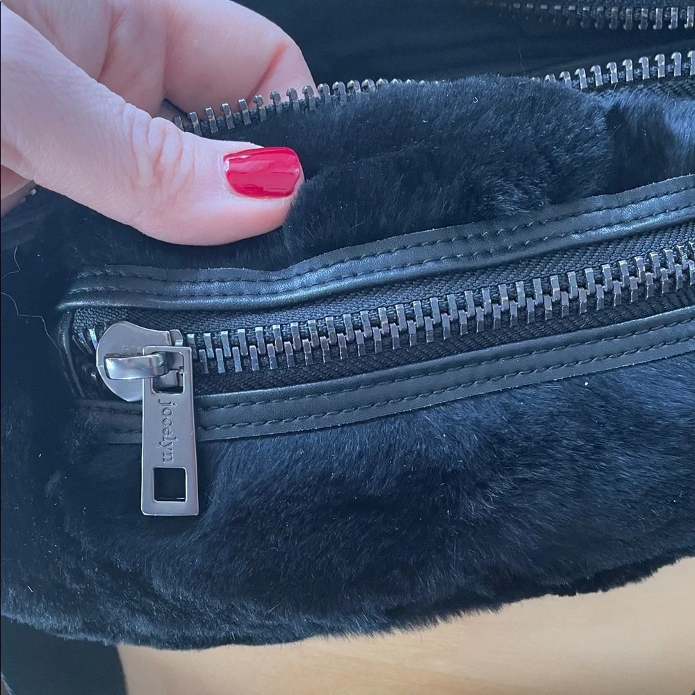 Black Real Rabbit Fur and Leather Belt Bag Crossbody JOCELYN